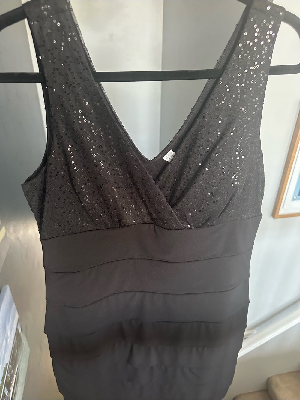 Studio Y Black V-Neck Tiered Mini Dress with Sparkle Bodice